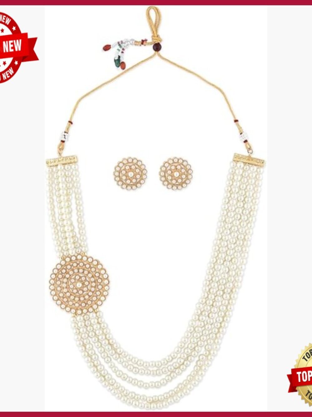 Traditional 5 Layer Kundan Pearl Necklace Earring Set